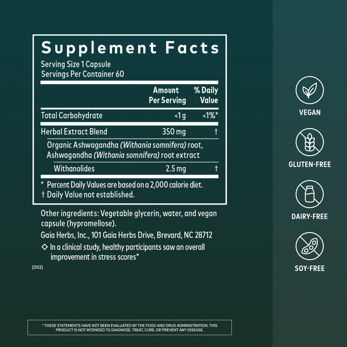 Gaia Herbs Ashwagandha 60 gélules végétales côté