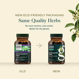 Gaia Herbs Ashwagandha avec vue de l'étiquette et des ingrédients