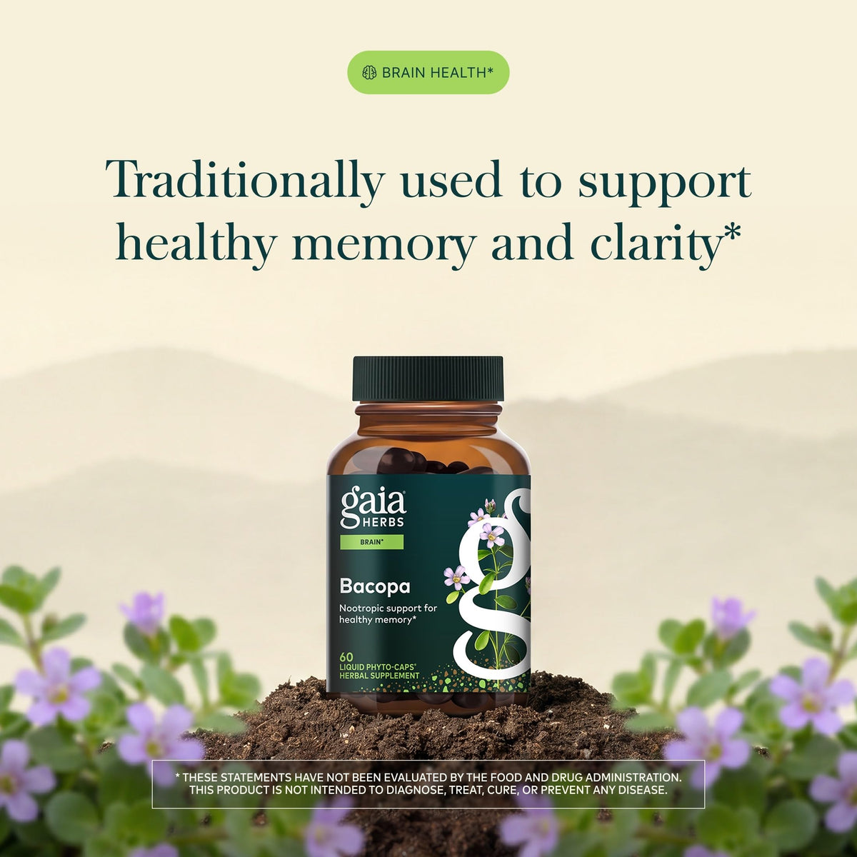 Gaia Herbs Bacopa gélules dans un environnement naturel