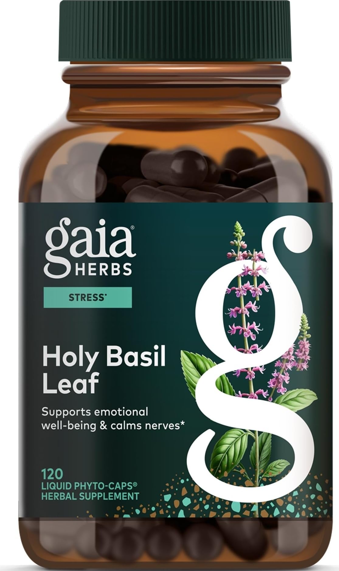 Gaia Herbs Basilic Sacré 120 Capsules Végétaliennes devant un fond blanc