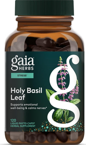 Gaia Herbs Basilic Sacré 120 Capsules Végétaliennes devant un fond blanc