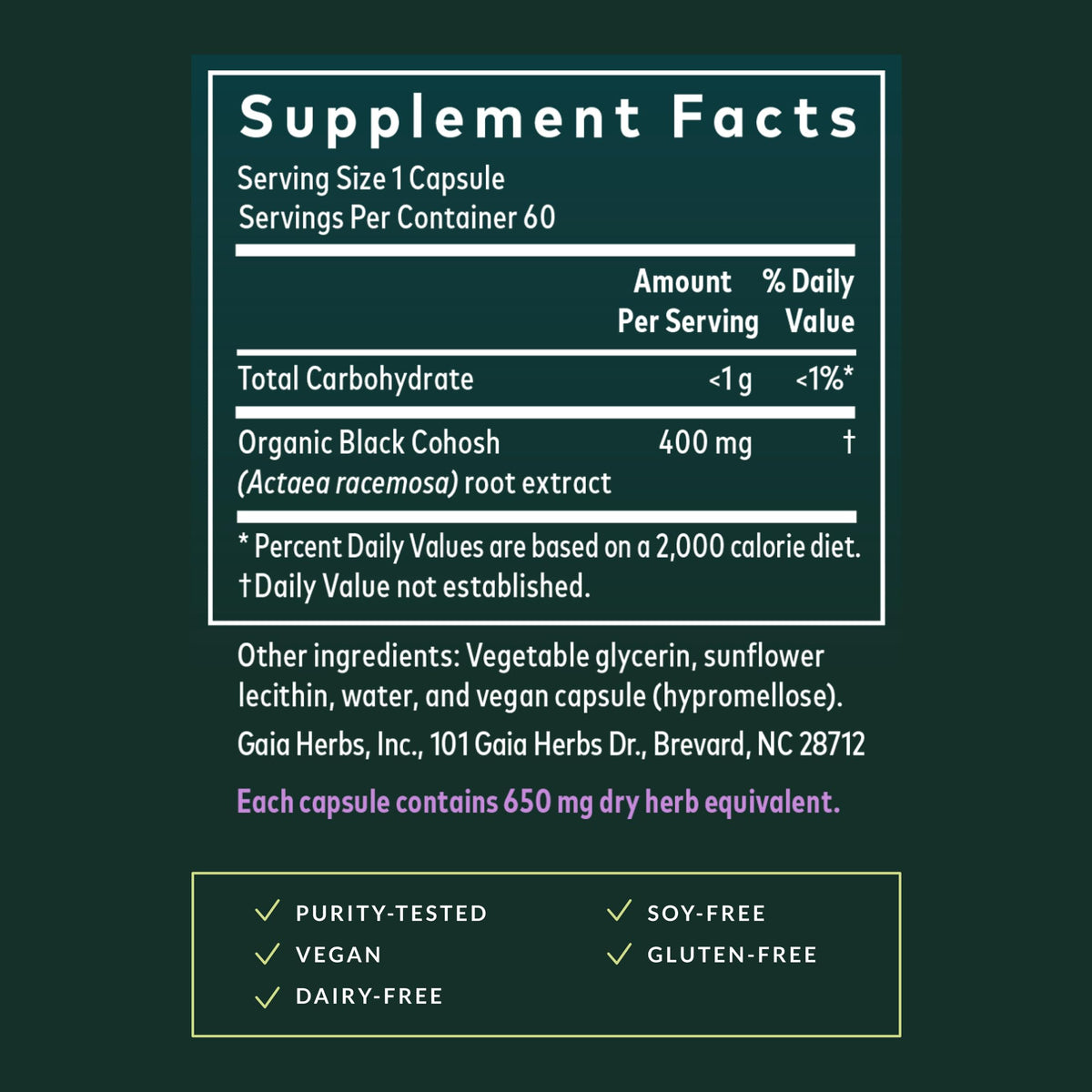 Gaia Herbs Black Cohosh capsules végétales sur une surface en bois