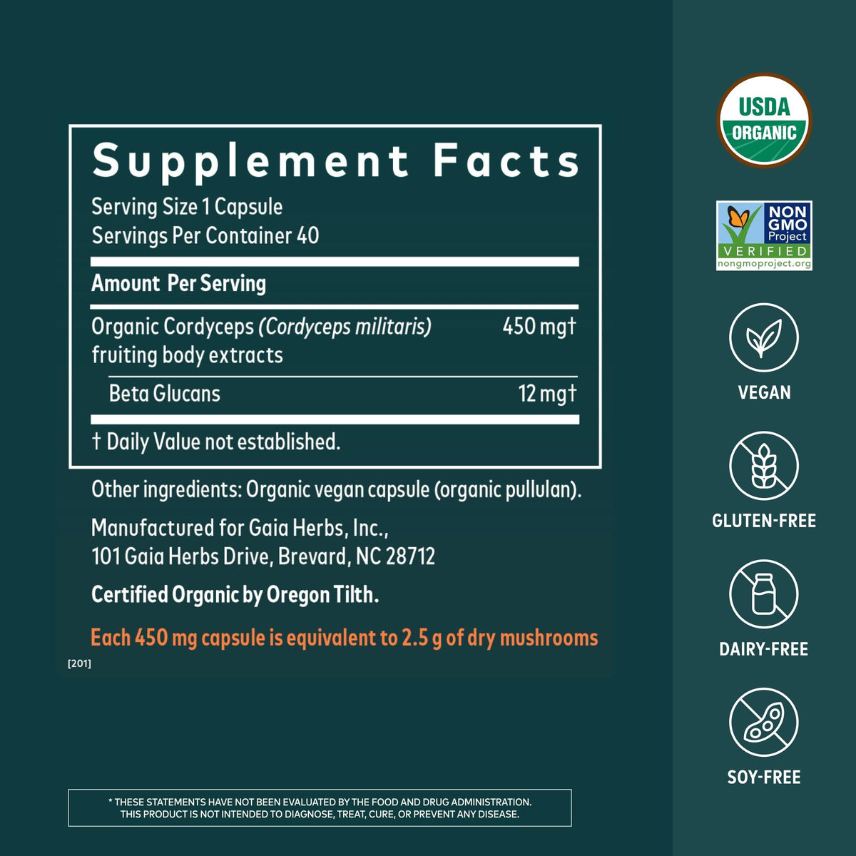 Gaia Herbs Champignon Cordyceps 40 Capsules Végétales - vue arrière