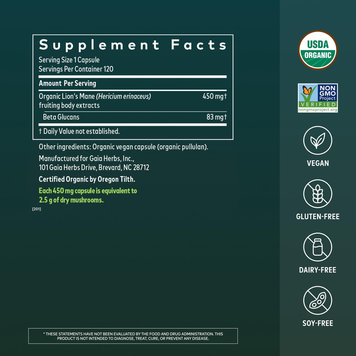 Gaia Herbs Champignon Lion's Mane 120 Capsules arrière
