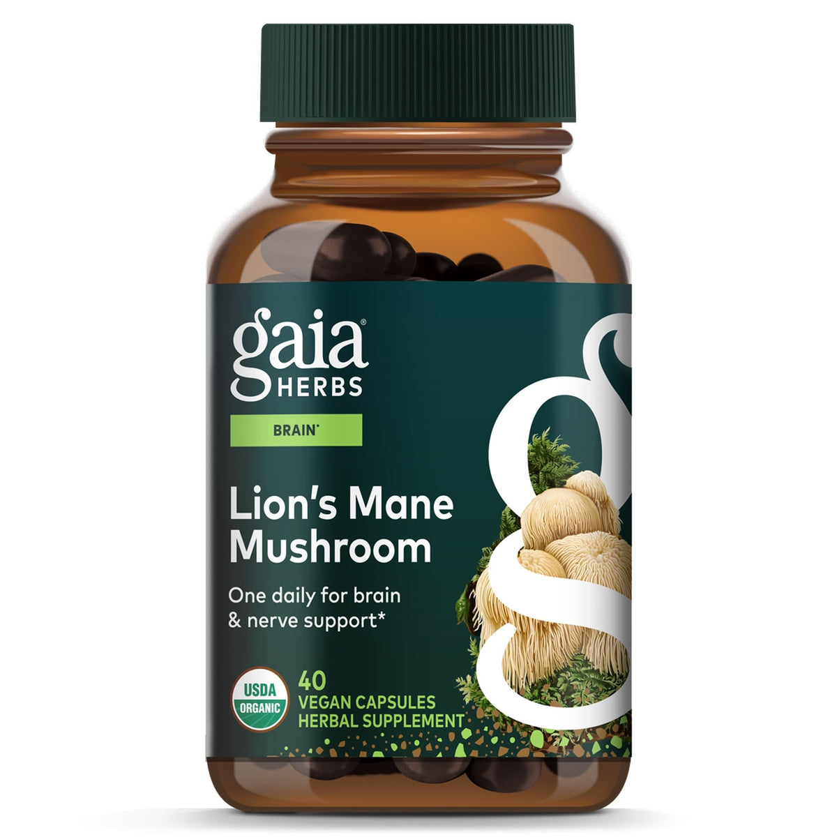 Gaia Herbs Champignon Lion's Mane 40 capsules végétales bio, vue de face
