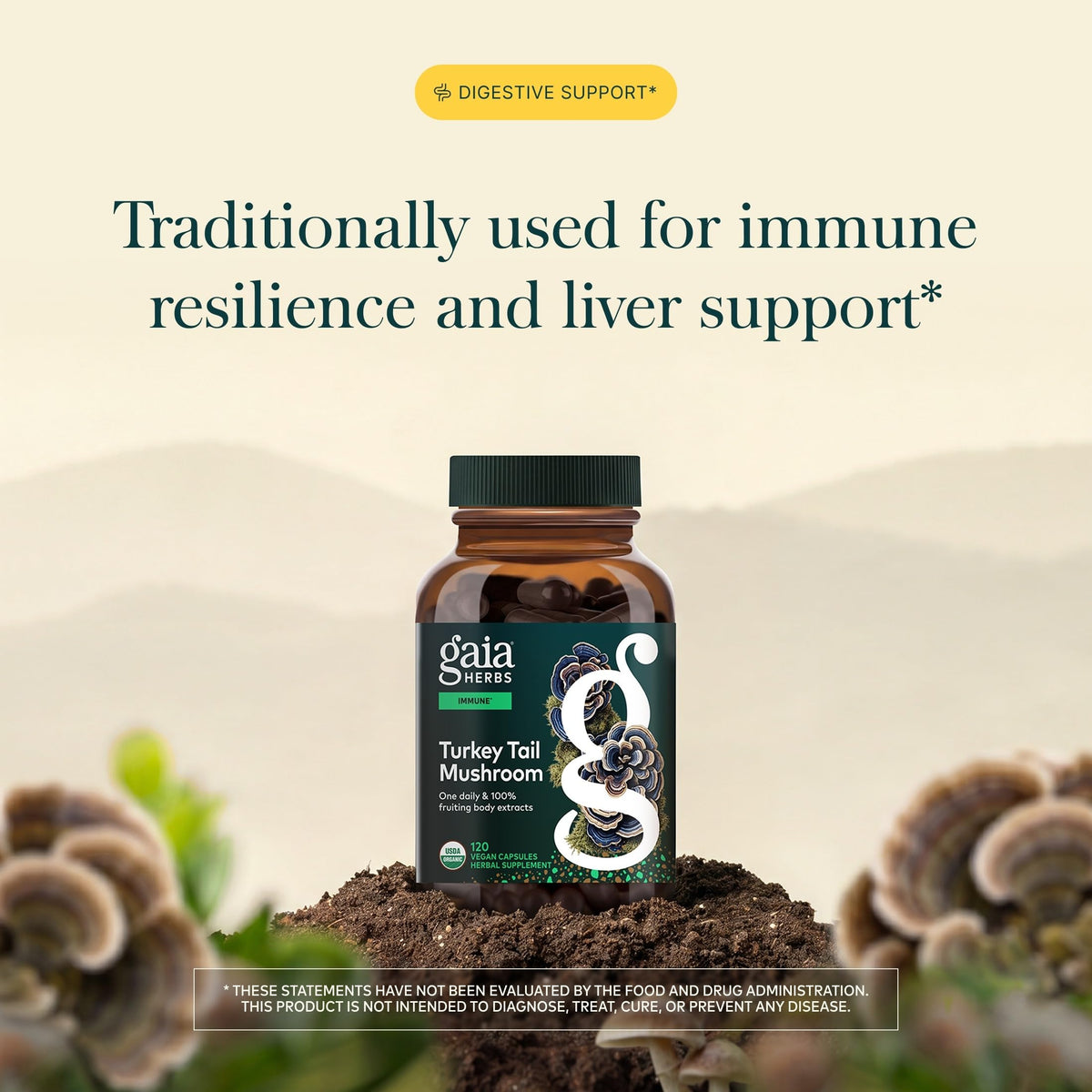 Gaia Herbs Champignon Turkey Tail 120 capsules avec vue latérale