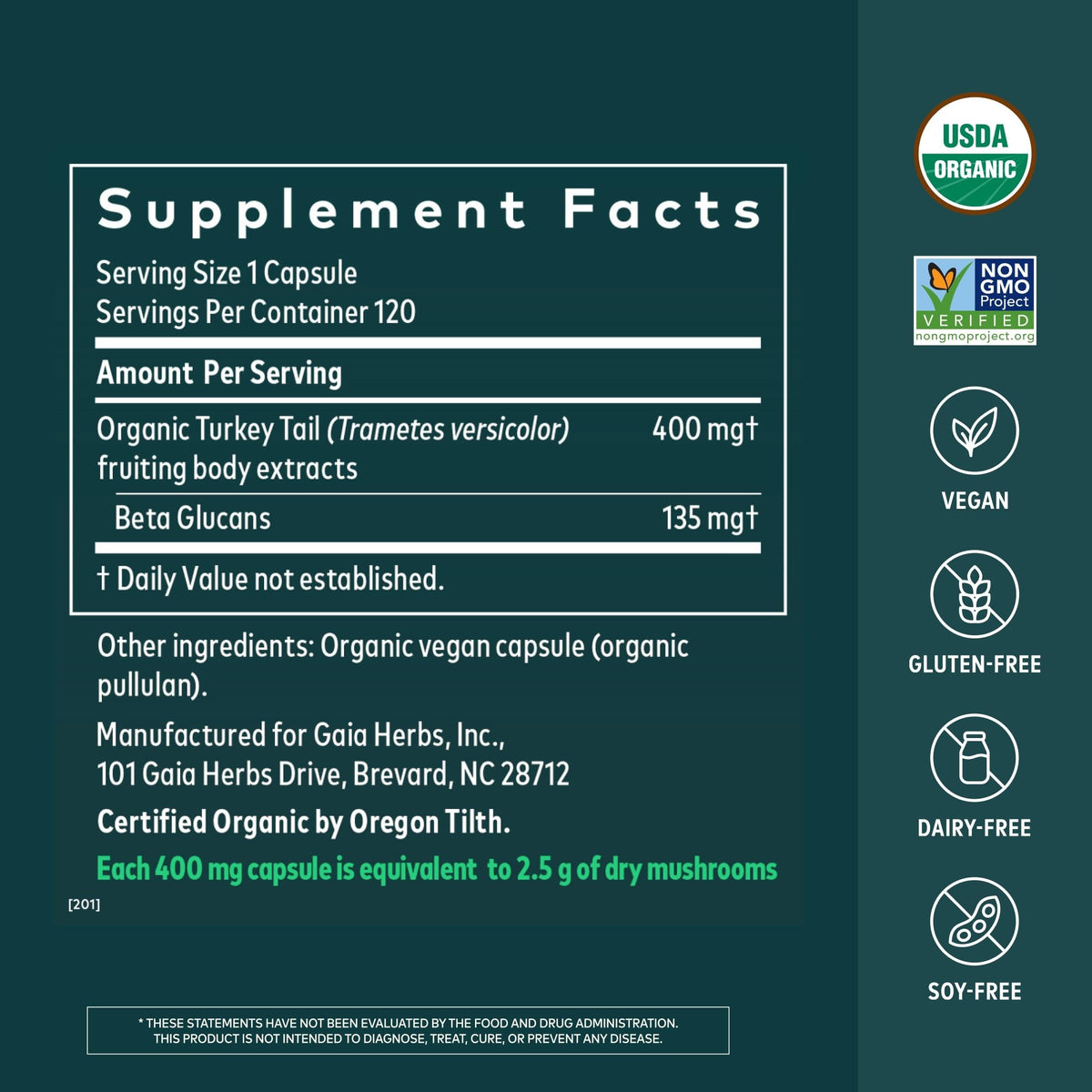 Gaia Herbs Champignon Turkey Tail 120 capsules dos de l'emballage