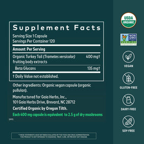 Gaia Herbs Champignon Turkey Tail 120 capsules dos de l'emballage