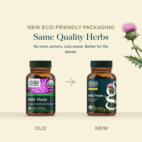 Gaia Herbs Chardon-Marie capsules sur une table en bois
