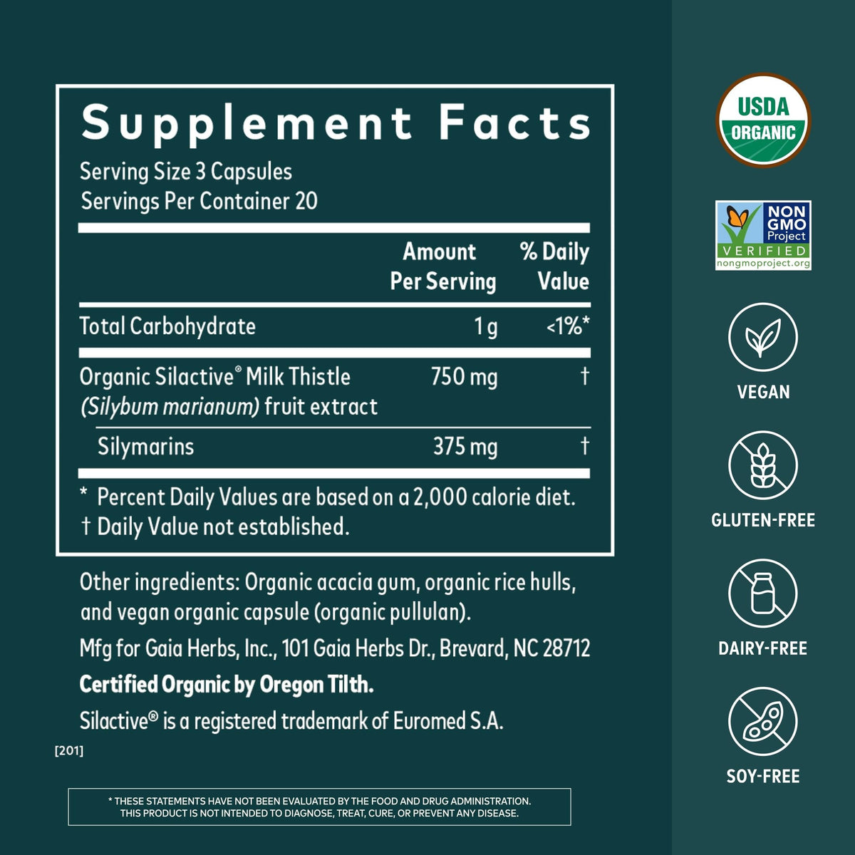 Gaia Herbs Chardon-Marie emballage avec informations nutritionnelles
