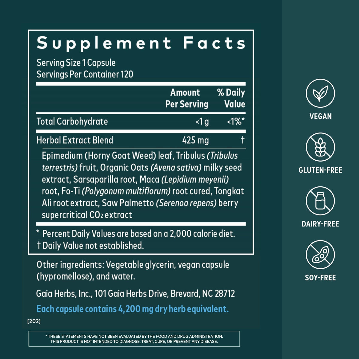 Gaia Herbs Complément Alimentaire Masculin 120 Capsules Végétales étiquette et informations