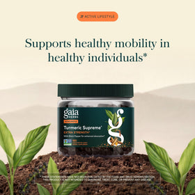 Gaia Herbs Curcuma Suprême Extra Fort capsules sur une table