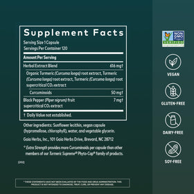 Gaia Herbs Curcuma Suprême Extra Fort emballage et capsules