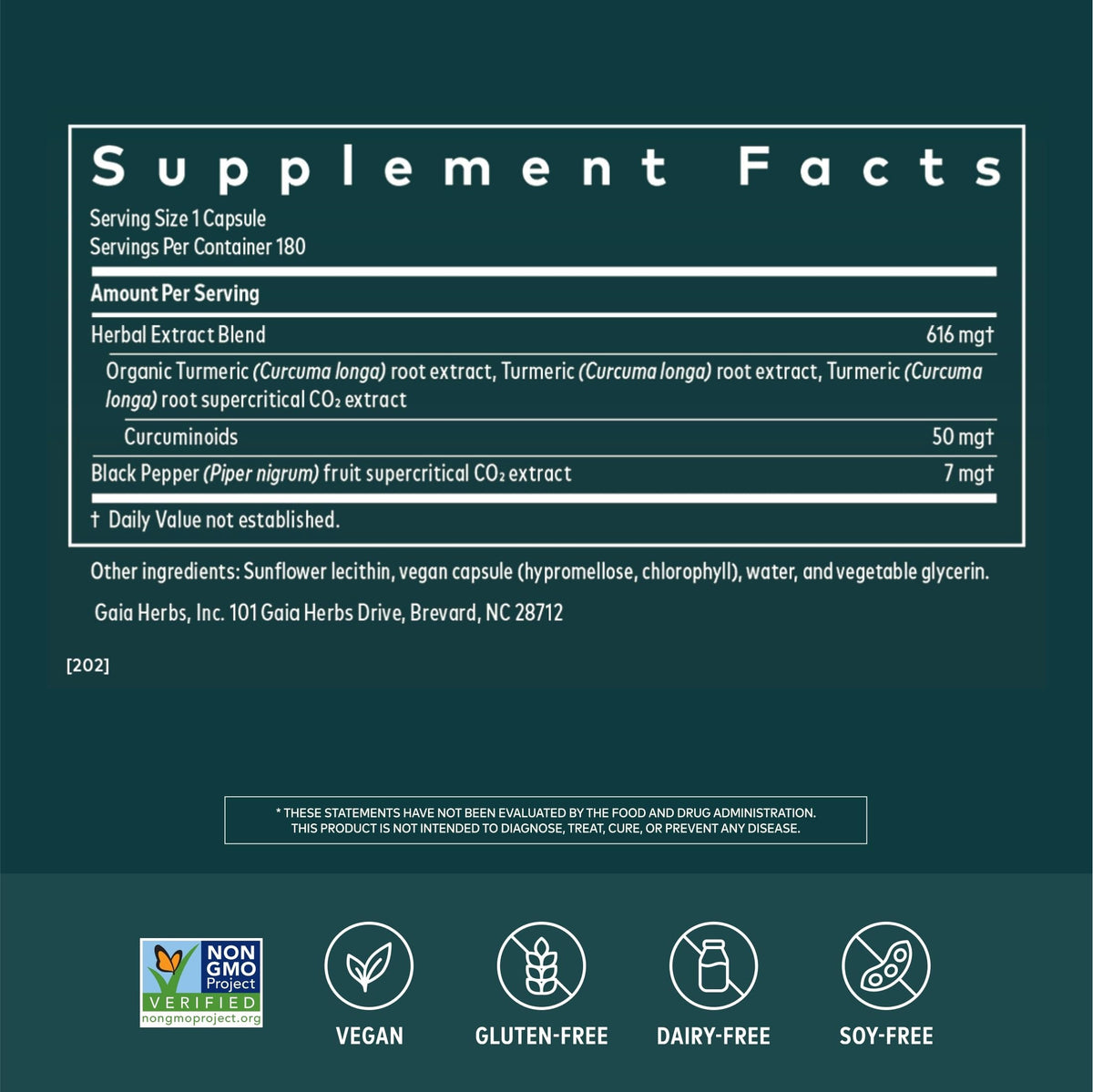 Gaia Herbs Curcuma Suprême Extra Fort vue arrière avec étiquettes