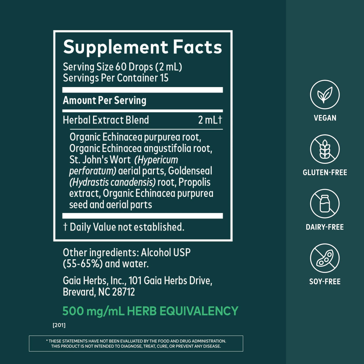 Gaia Herbs Echinacea Goldenseal étiquette avec ingrédients