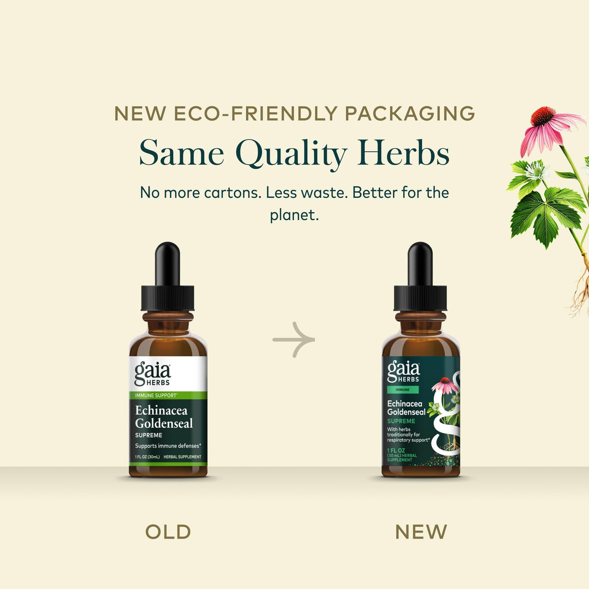 Gaia Herbs Echinacea Goldenseal flacon avec plantes en arrière-plan