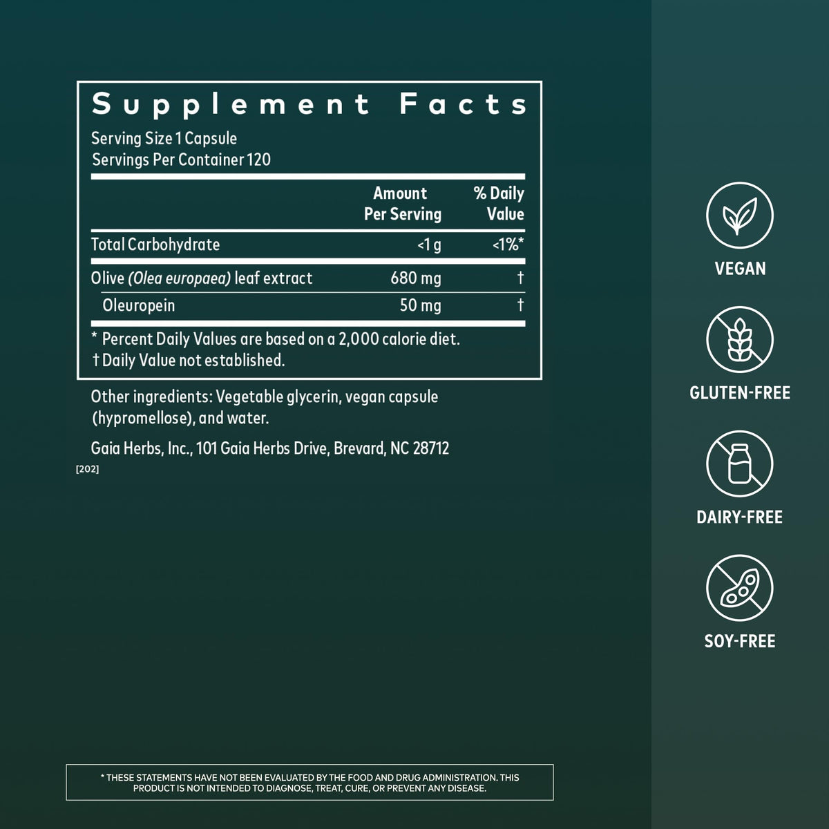 Gaia Herbs Feuille d'Olivier capsules avec étiquette détaillée