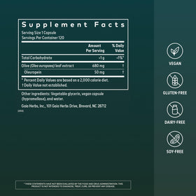 Gaia Herbs Feuille d'Olivier capsules avec étiquette détaillée