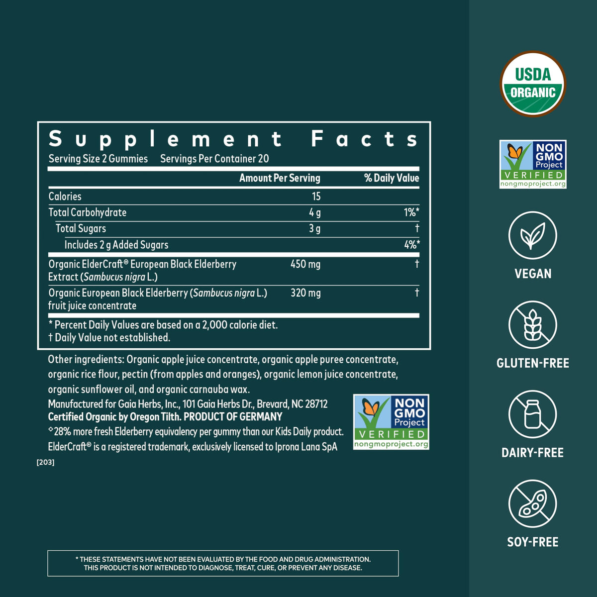 Gaia Herbs Gélifiés de Sureau Noir Extra Fort, packaging et informations nutritionnelles