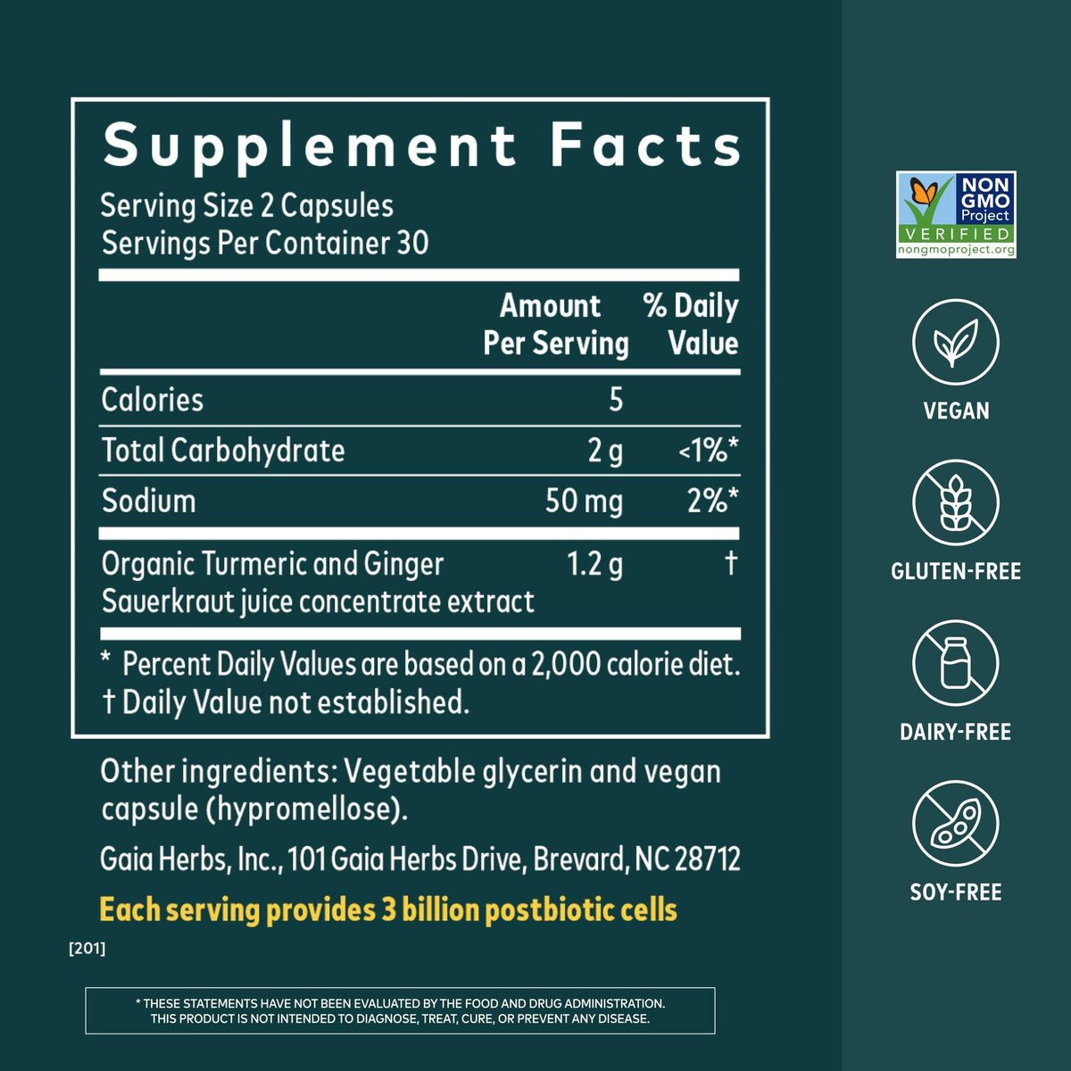 Gaia Herbs Gingembre-Curcuma capsules avec étiquette visible