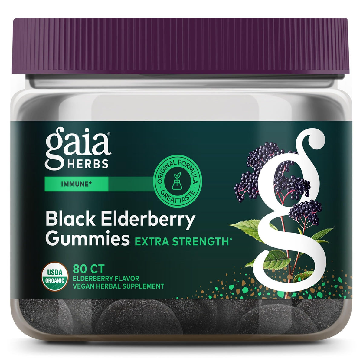 Gaia Herbs Gummies de Sureau Noir Extra Fort, pot avant