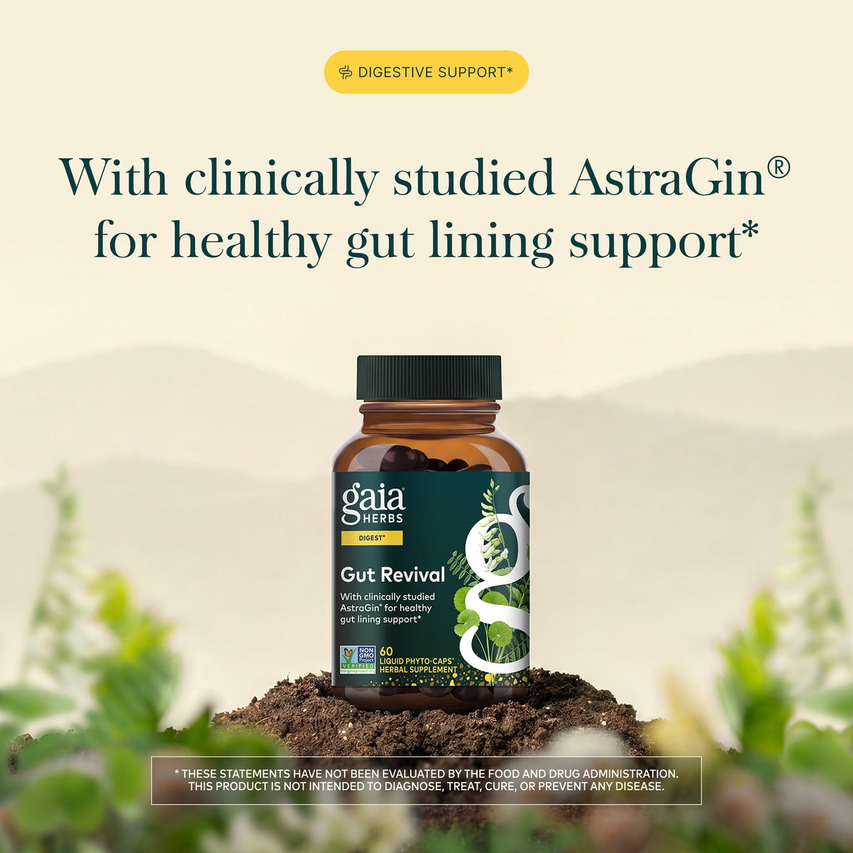 Gaia Herbs Gut Revival, vue de côté de l'emballage