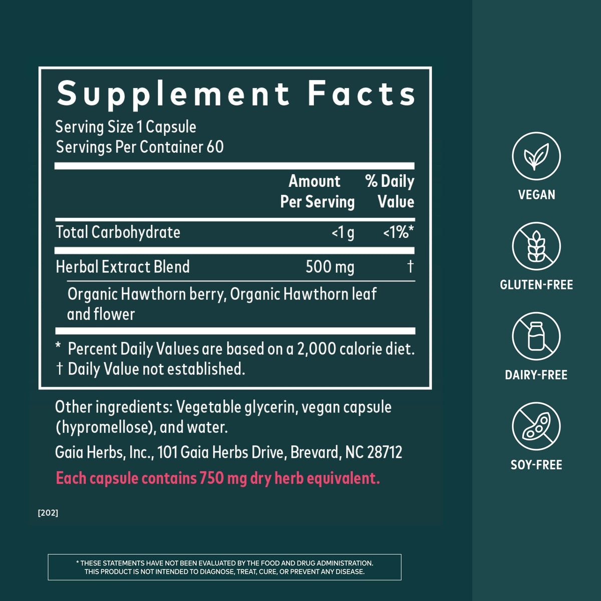Gaia Herbs Hawthorn 60 capsules vue arrière