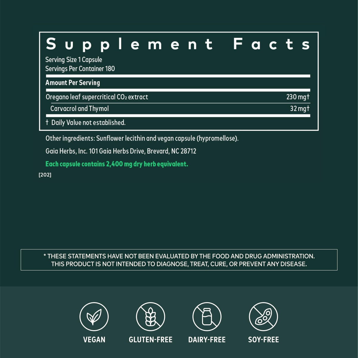 Gaia Herbs Huile d'Origan 230 mg capsules végétales avec étiquette