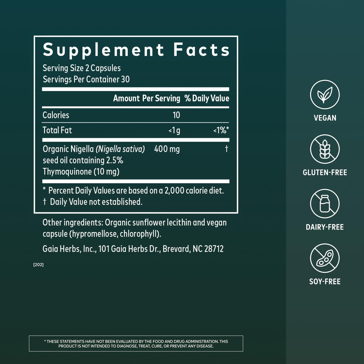 Gaia Herbs Huile de Graines Noires - étiquette et informations nutritionnelles