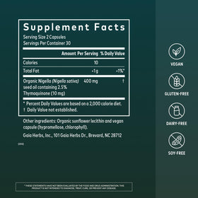 Gaia Herbs Huile de Graines Noires - étiquette et informations nutritionnelles