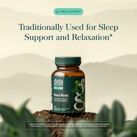 Gaia Herbs Kava Root 60 capsules à côté d'un verre d'eau