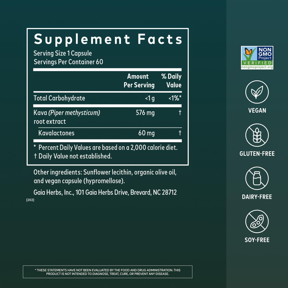 Gaia Herbs Kava Root 60 capsules avec étiquette