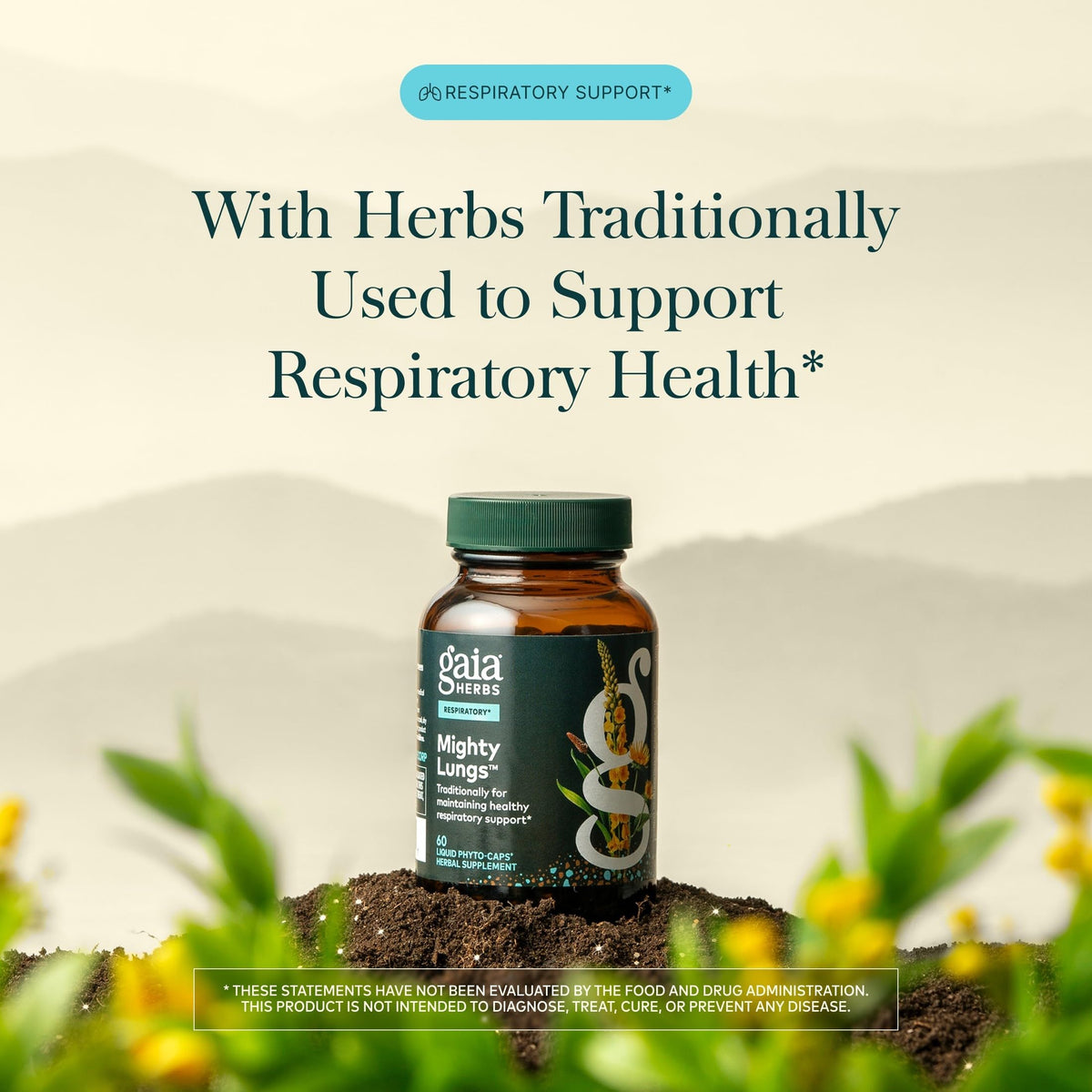 Gaia Herbs Mighty Lungs capsules végétales sur fond blanc