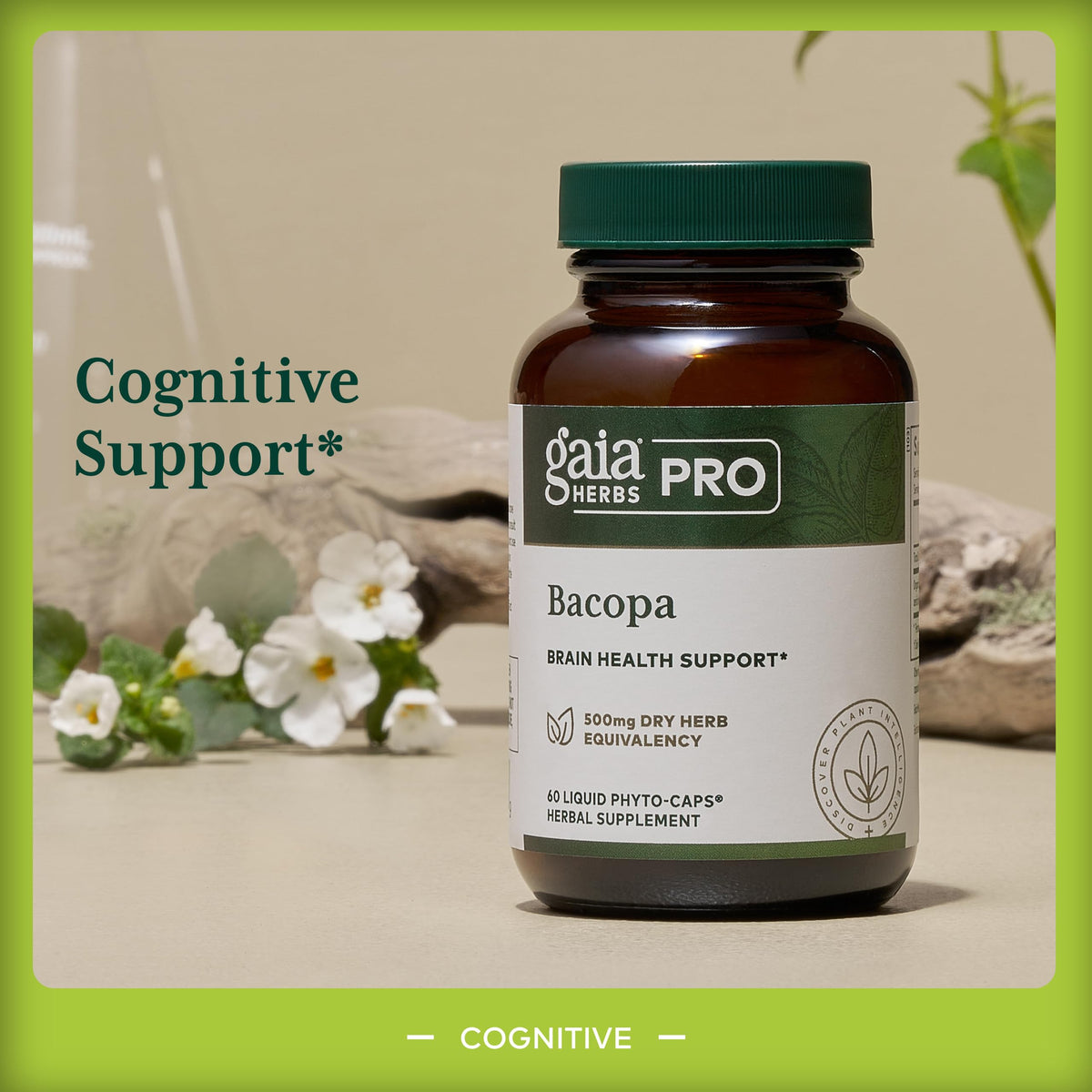 Gaia Herbs PRO Bacopa capsules sur un fond blanc