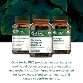 Gaia Herbs PRO Complexe Curcuma Fenugrec 120 capsules sur une table en bois