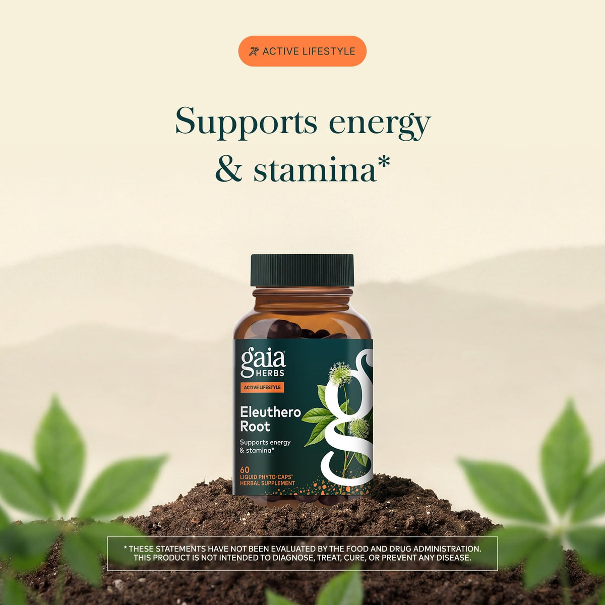 Gaia Herbs Racine d'Éleuthéro, capsules végétales sur une surface en bois