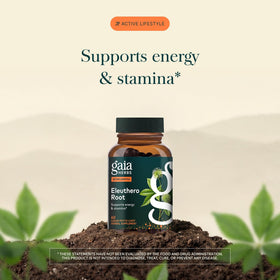 Gaia Herbs Racine d'Éleuthéro, capsules végétales sur une surface en bois