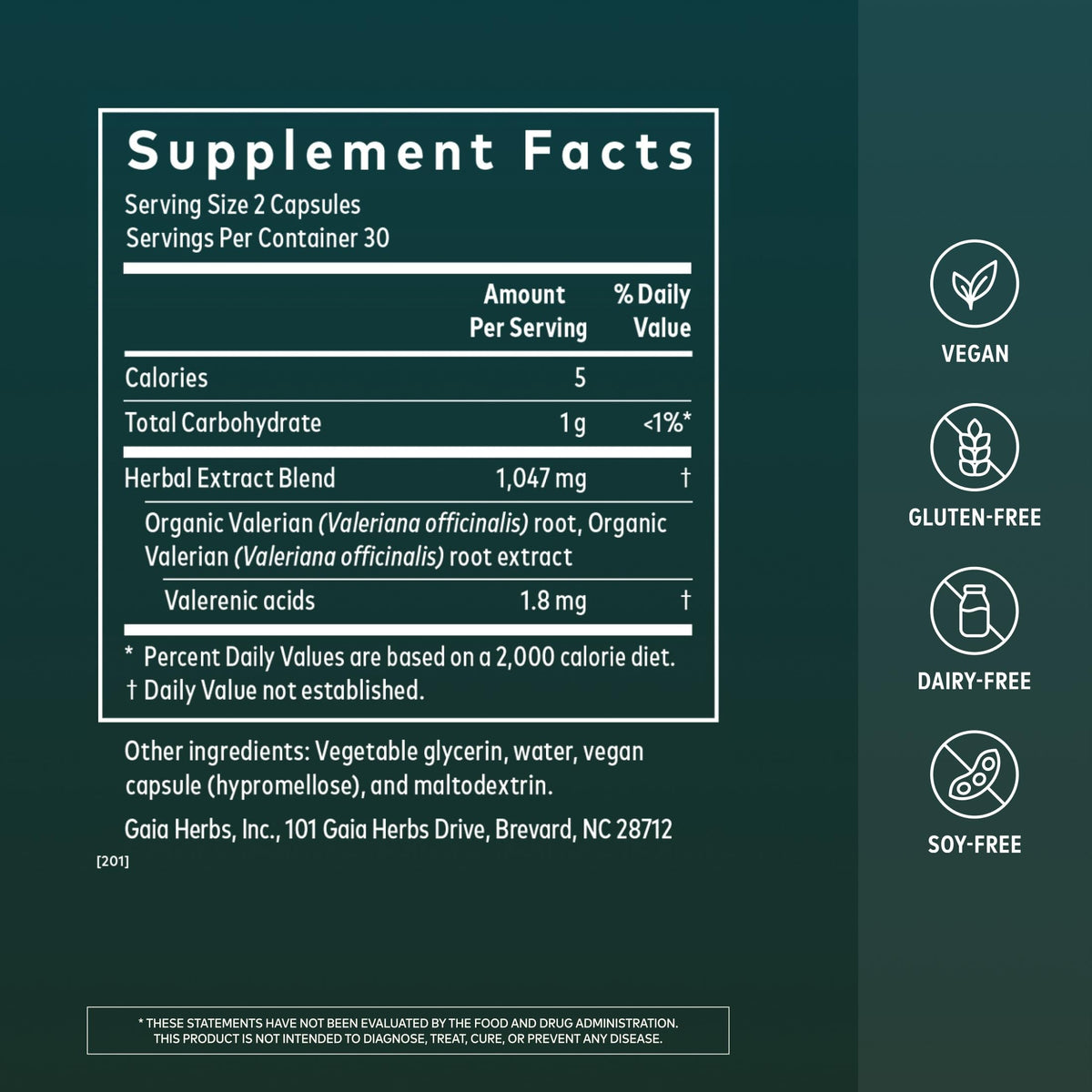 Gaia Herbs Racine de Valériane 60 Capsules Végétales étiquette