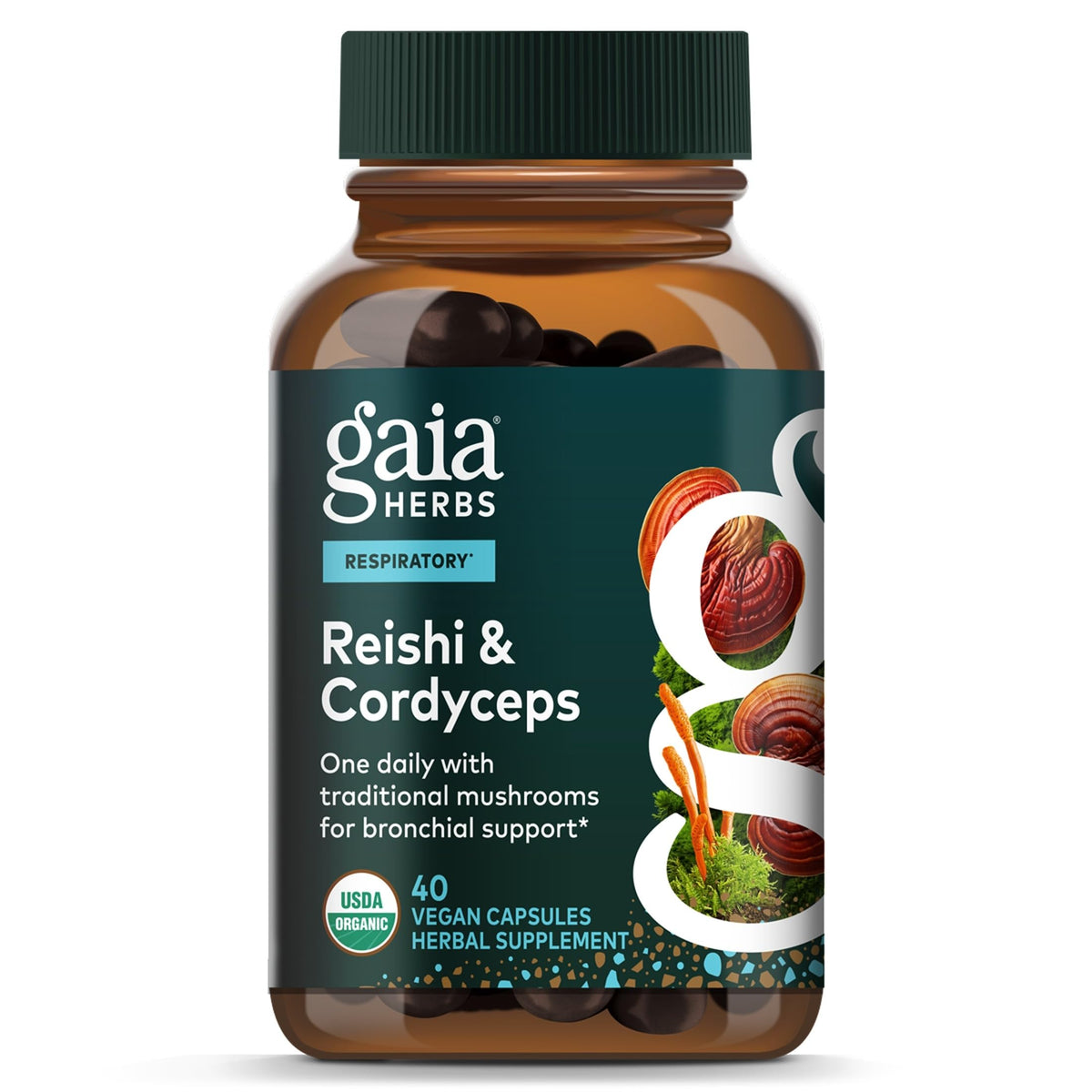 Gaia Herbs Reishi & Cordyceps 40 capsules végétales, vue de face