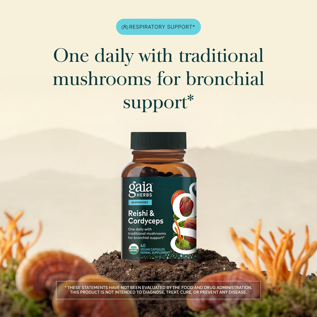 Gaia Herbs Reishi & Cordyceps capsules sur une table