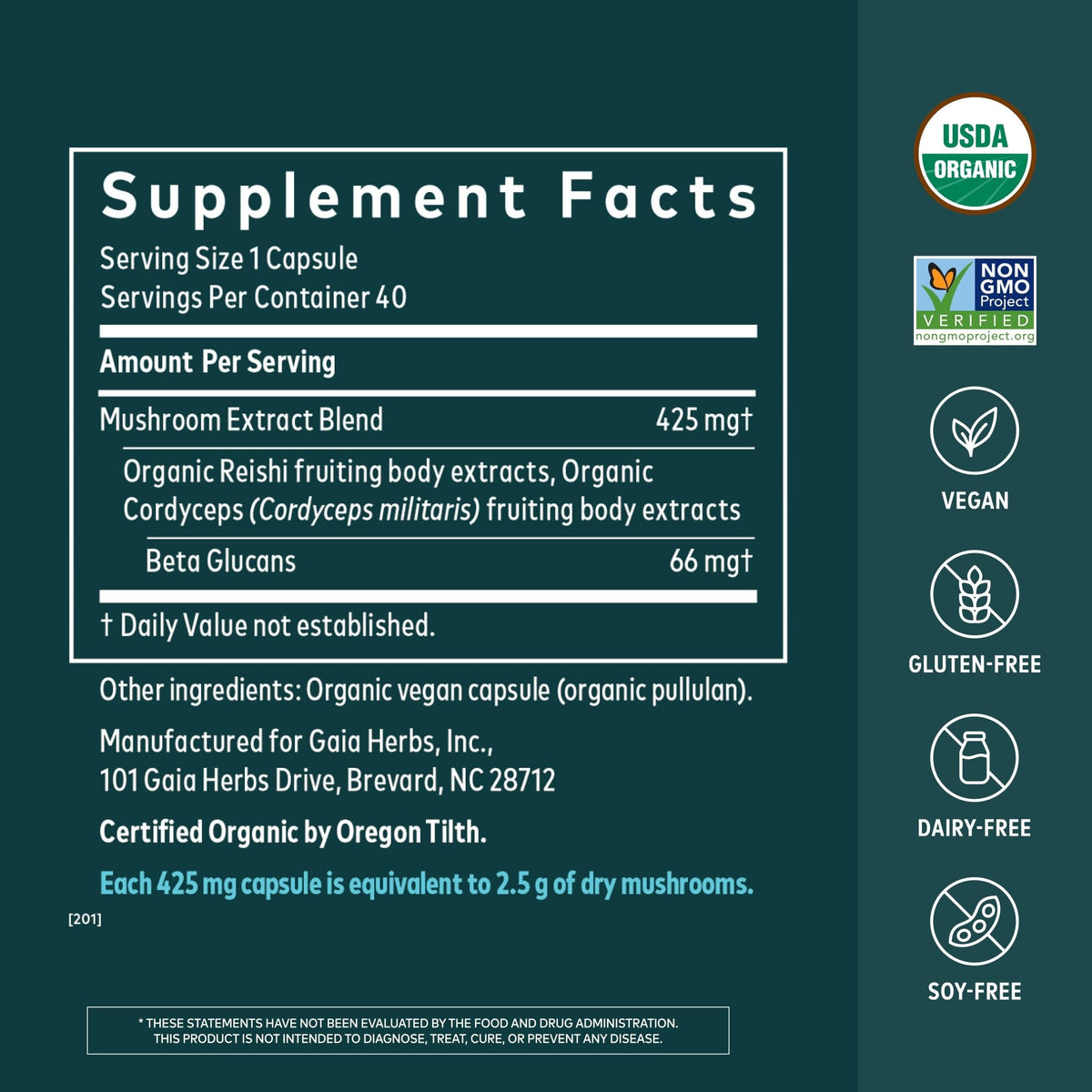 Gaia Herbs Reishi & Cordyceps emballage et capsules