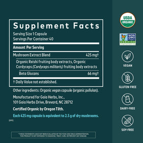 Gaia Herbs Reishi & Cordyceps emballage et capsules
