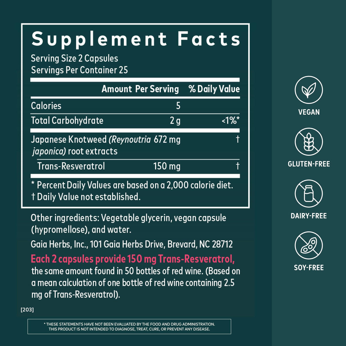 Gaia Herbs Resveratrol emballage avec informations nutritionnelles