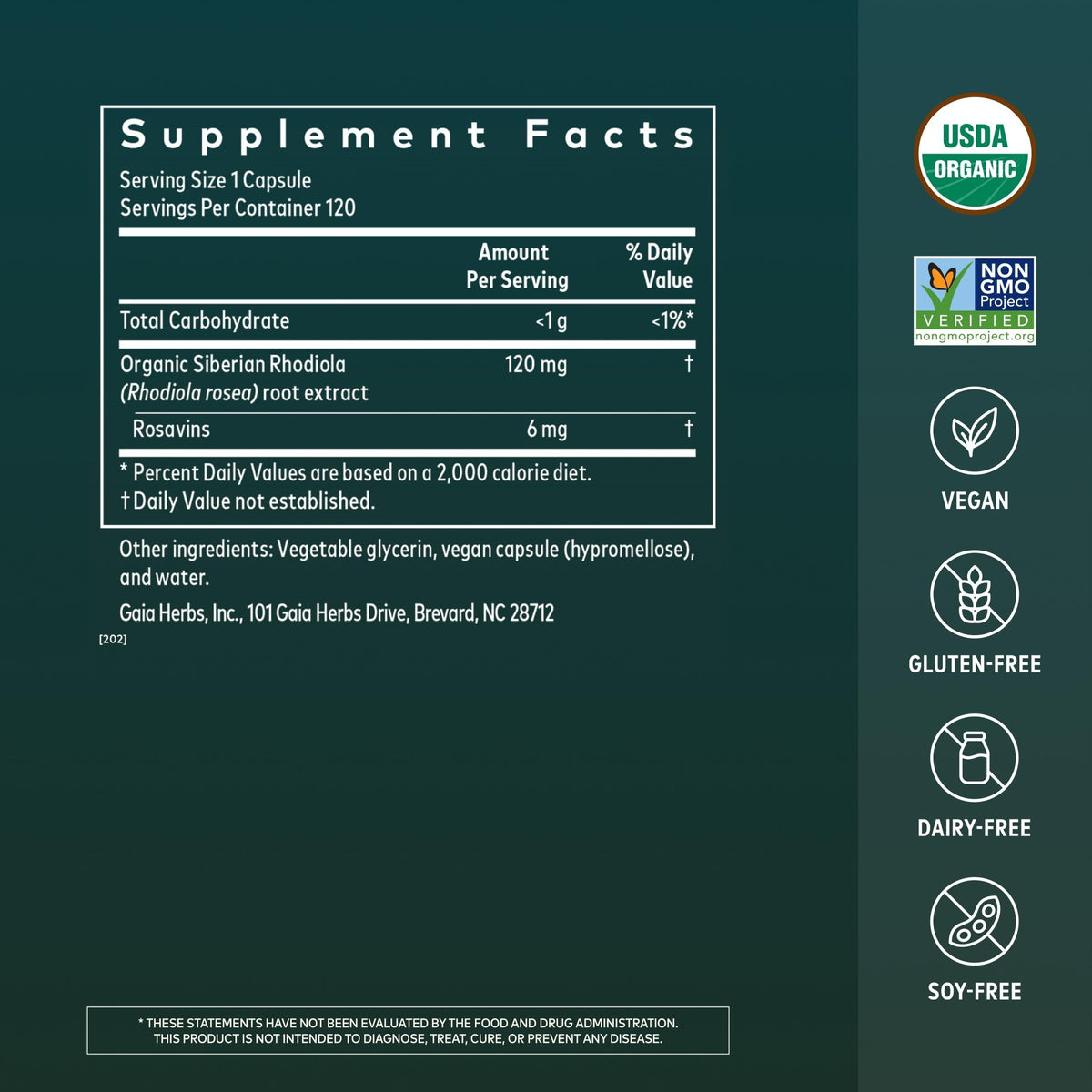 Gaia Herbs Rhodiola Rosea 120 capsules emballage