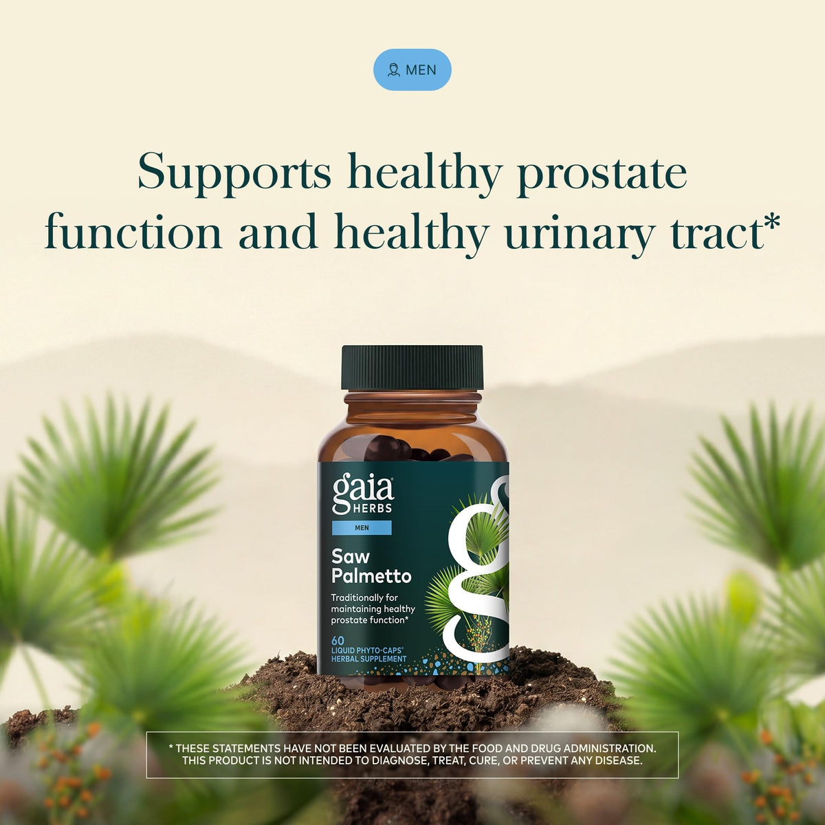 Gaia Herbs Saw Palmetto 60 capsules sur un fond naturel