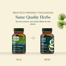 Gaia Herbs Saw Palmetto capsules avec plantes en arrière-plan