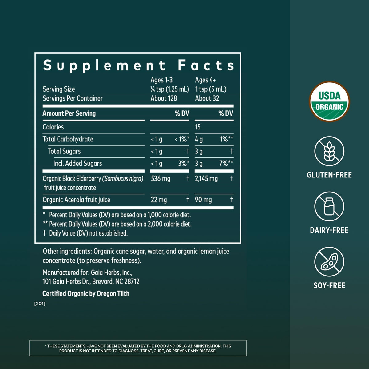 Gaia Herbs Sirop de Sureau Noir 160 ml vue arrière avec informations nutritionnelles