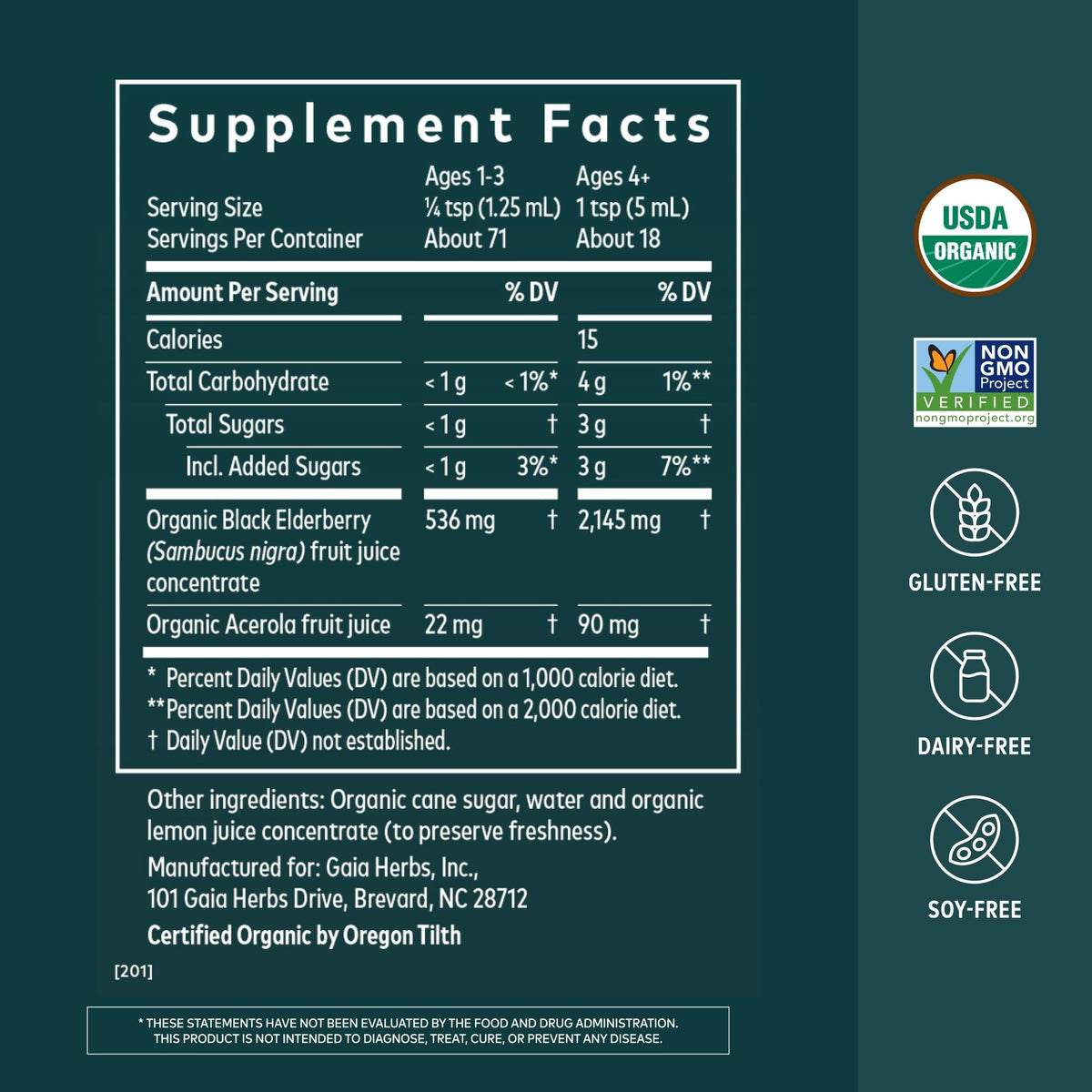 Gaia Herbs Sirop de Sureau Noir 3 Fl Oz étiquette