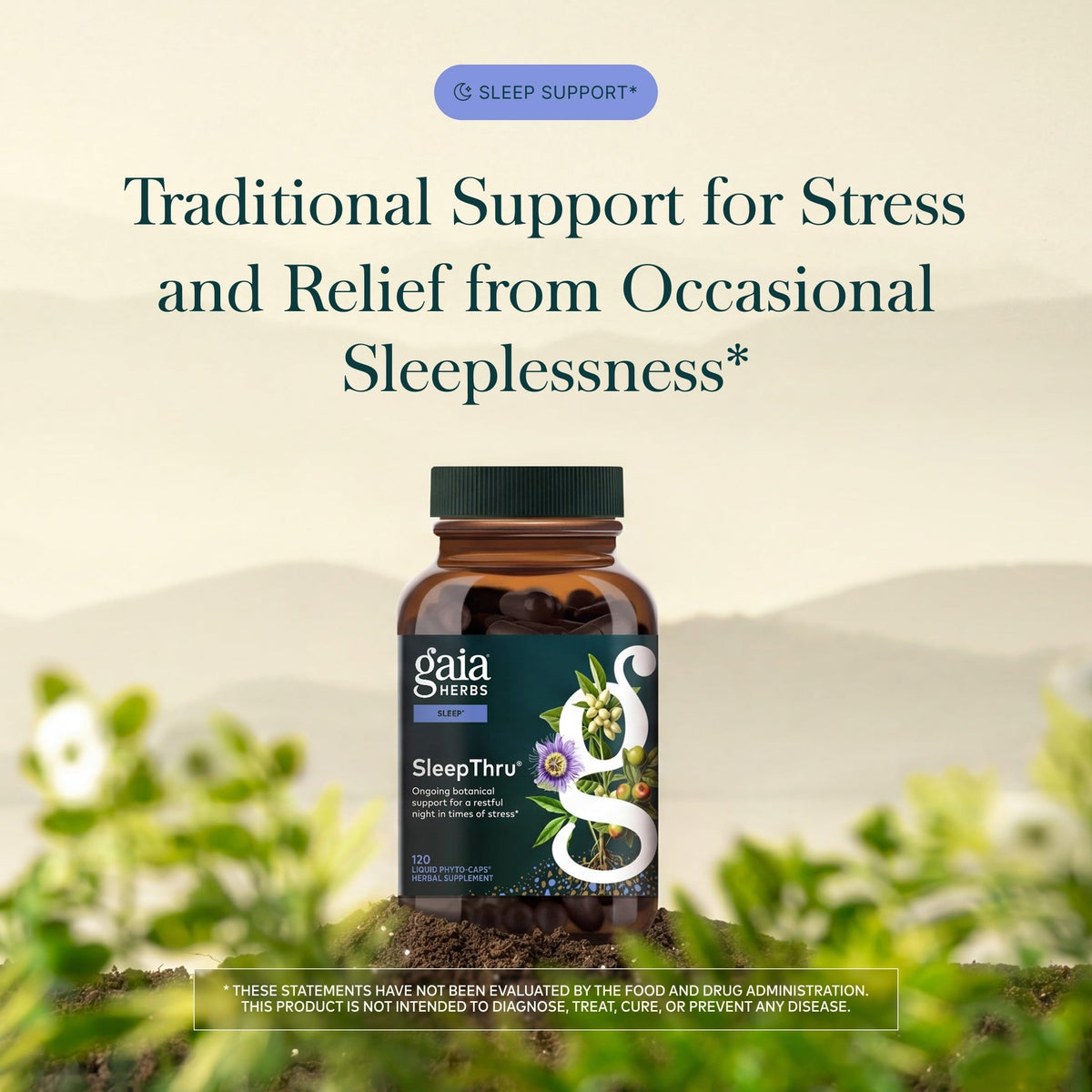 Gaia Herbs SleepThru capsules végétales sur fond blanc