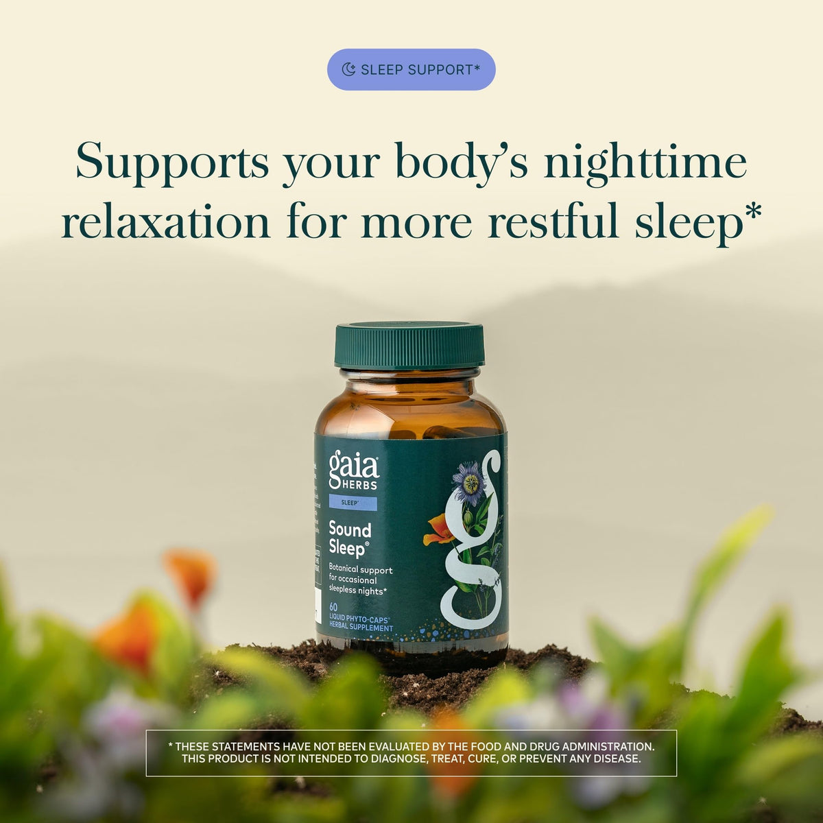 Gaia Herbs Sound Sleep 120 capsules vegan, étiquette de près